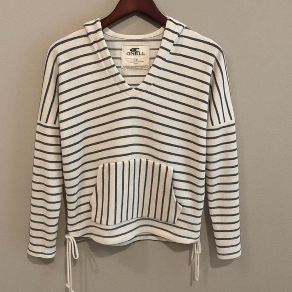 O'Neill Women's Striped Terry Cloth Pullover‎ Hoodie XS White Navy Oversized